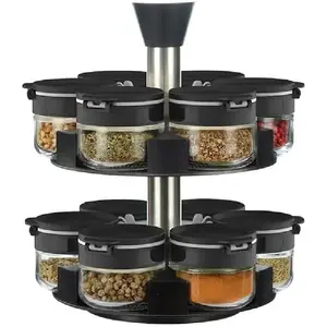 360 rotating 2 tier 12 jars spice rack (12 spice jars) Revolving Seasoning Organizer. Spinning Spice Rack for Counter top and Cabinet
