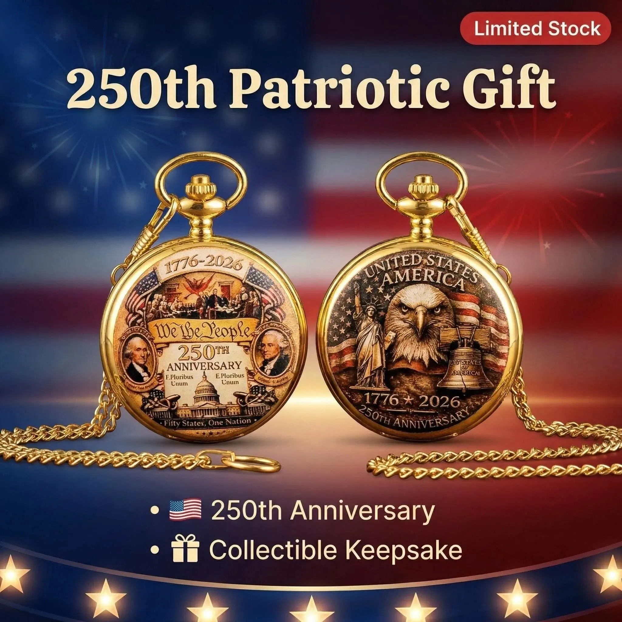 1PC '1776-2026' USA 250th Anniversary Vintage Classic Round Dial Pocket Watch, Analogue Quartz Watch, Patriotic Gold Tone Commemorative Pendant, 4th of July Gift for History Lovers, Collectible Novelty Gift for American Patriots
