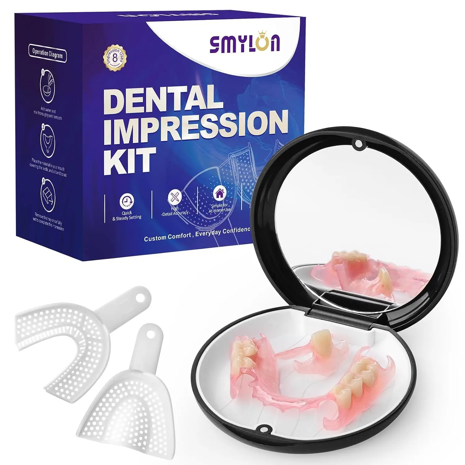 SMYLON Custom Removable Partial Denture for Missing Teeth, Personalized Flipper Tooth Replacement with Home Impression Kit, Denture Care, 1-8 Teeth Options
