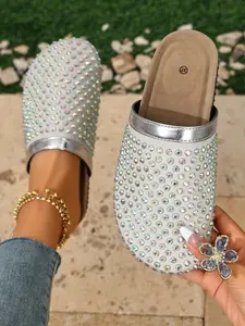 Women's Glitter Rhinestone Mule Slippers, Sweet Cool Girl Style Lazy Slip-On Shoes, Comfortable and Stylish Footwear for Daily Wear