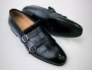 Buy Tucci Di Lusso Mens Gray-Black handmade Italian leather luxury Double Buckle Monkstrap Kiltie Loafers