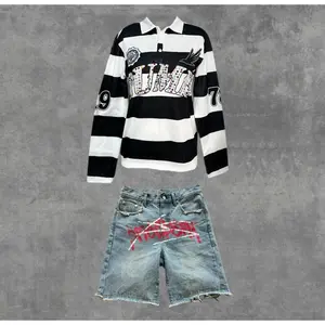 Sume Rugby Diamond Embroidery Stripe Polo Shirt Y2K Retro Classic Unisex Long Sleeved Shirts Sets Women's Wear Loose-Fitting Casual Fashion Style Y2K Fitted Co-ords