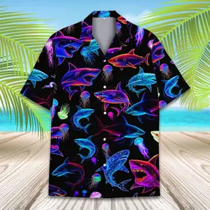 Neon Shark Hawaiian Shirt For Men Women Youth, Cyberpunk Jellyfish Nautical Hawaiian Shirt, Shark Aloha Shirt Short Sleeve Button Down