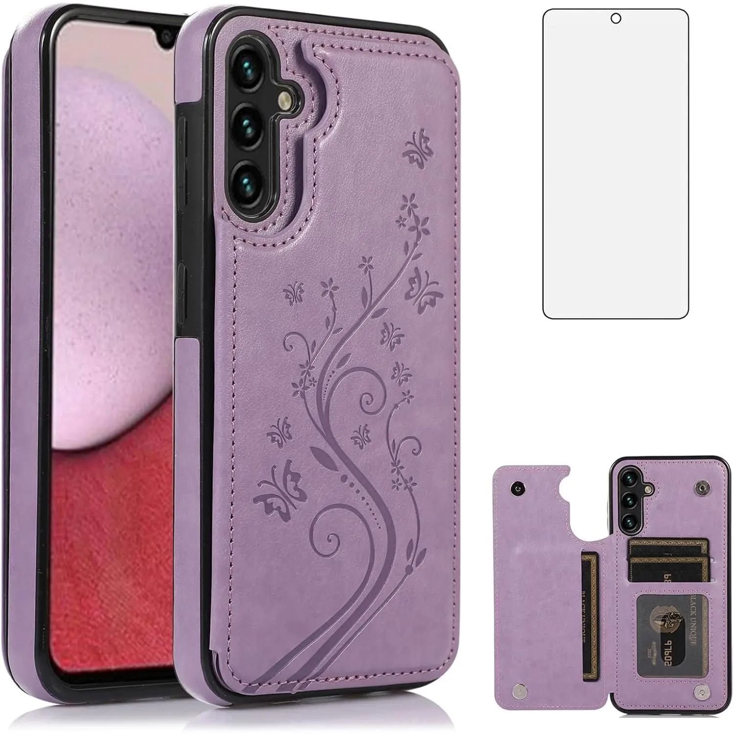 L-PCS003 Phone Case for Samsung Galaxy A36 5G with Tempered Glass Screen  Protector and Card Holder Wallet Cover Stand Flip Leather Cell Accessories  A 36 36A LTE SM-A366U Women Men Purple -