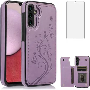 L-PCS003  Phone Case for Samsung Galaxy A36 5G with Tempered Glass Screen Protector and Card Holder Wallet Cover Stand Flip Leather Cell Accessories A 36 36A LTE SM-A366U Women Men Purple