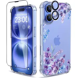 for iPhone 16 Plus Case,[3 in 1] with Screen Protector & Camera Lens Protector, Flower Pattern Design,Clear Soft Shockproof Slim Floral Phone Cover for Women Girls 2024 6.7" (Lavender/Purple)