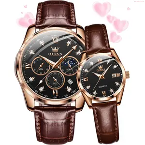OLEVS Watch OLEVS Valentines Couple Pair Quartz Watches His and Her Couple Set Leather Chronograph Diamond Wrist Watch Men Women Lovers Wedding Romantic Gifts Set of 2