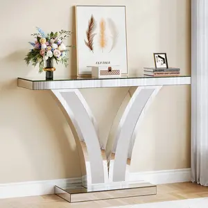 LITTLE TREE Mirrored Console Table, Modern Sliver Entryway Sofa Table with Crystal Inlay Frames for Living Room, Hallway, Foyer