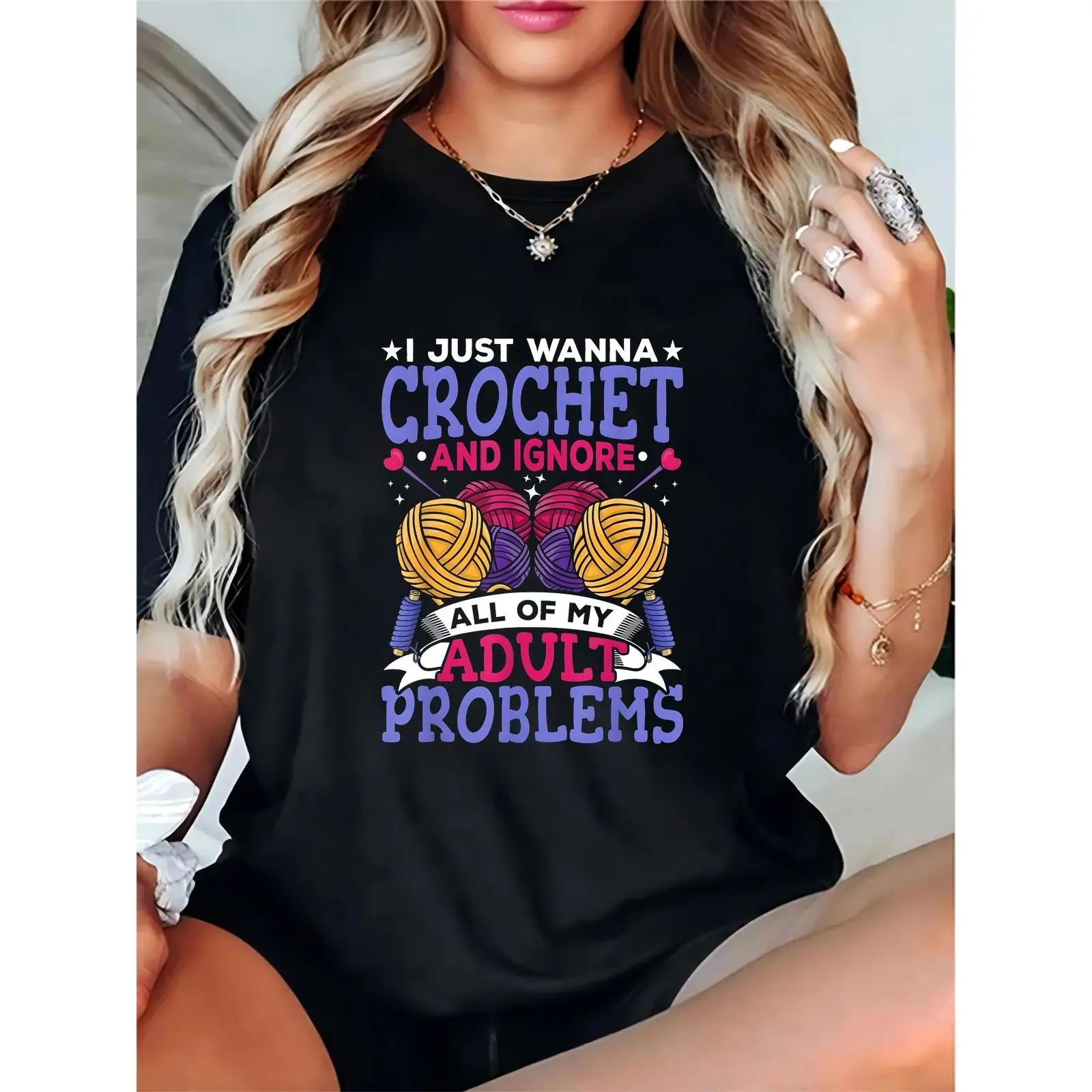 Women's 100% Cotton Round Neck Fit T-Shirt - Colorful Crochet Graphic, Lightweight Breathable Top for Crocheters, Yarn Balls & Hooks Print, Casual Hobbyist Tee, Tshirt, No, Relaxed Fit, Crew Neck, Crochet Print, Graphic Front, Short Sleeves, Loose-Fitting