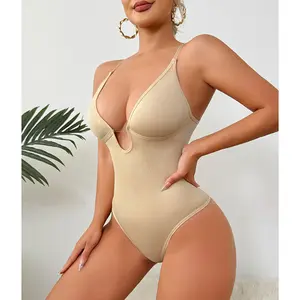 LUXSEREN Women's Chic Deep V-neck Thong Shapewear Bodysuit - Waist-Cinching, Flexible Elastane Slimming Underwear for Spring Glow-Up, Summer Vibes