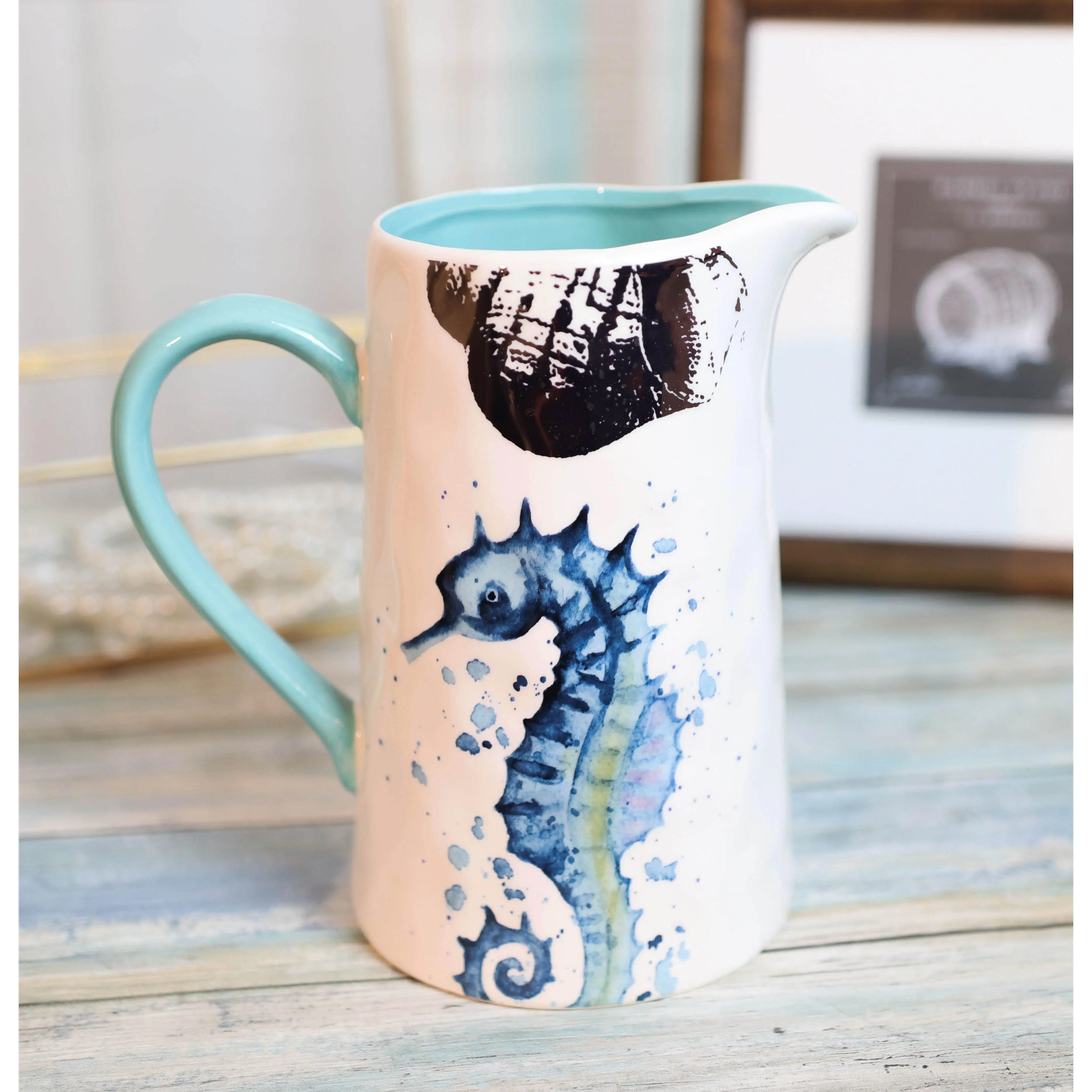 35oz Nautical Marine Blue-White Seahorse Ceramic Pottery Drink Pitcher, Suitable for Hot and Cold Kitchen Beverages