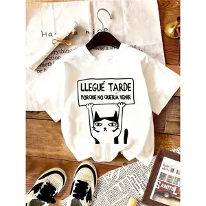 Casual Women's Cat Tee with 'Llegue tarde Porque No Queria Venir' Quote – Short Sleeve Top