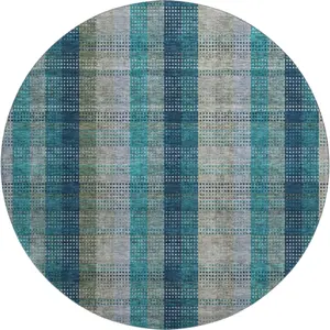 HomeRoots 676509 8 ft. Teal Olive Green & Taupe Plaid Washable Round Area Rug with UV Protection