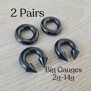 2 PAIR Black Gauges Spike Horseshoe Clicker Ring Plugs 2g 4g 6g 8g 10g 12g 14g Hinged Hoop Earrings Steel Big Gauges Ear Piercing men women