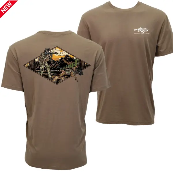 MTP Tactical Hunting T-Shirt, Camouflaged Hunter with Working Dog Crossing Mountain Forest Landscape, Diamond Frame Artwork, Outdoor Graphic Tee for Men Women