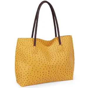 Milan Chiva Tote Bag for Women Large Ostrich Vegan Leather Shoulder Purses with Zipper Handbags Minimalist Style Leopard Print Lining