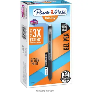 Paper Mate ®   InkJoy ®   Gel Pens, Medium Point, 0.7 mm, Black Barrel, Black Ink, 12