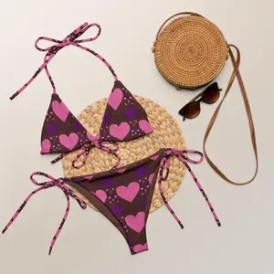 Brown and Pink Hearts Bikini  Faux Embroidery Pattern  Womens Bikini  Hot Girl Summer Y2K Coquette