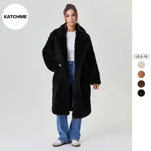 KatchMe Women's Cozy Notch Lapel Fluffy Double Breasted Thermal Outerwear, Leisure Fuzzy Outerwear Jacket for Fall & Winter, Comfortable Womenswear(US)