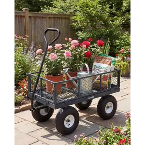 Heavy Duty Outdoor Utility Cart with 10 Inch All Terrain Pneumatic Tires, 400 LBS Capacity, Removable Mesh Panels, Weather Resistant Steel Garden Lawn Wagon for Gardening Landscaping Yard Work and Hauling