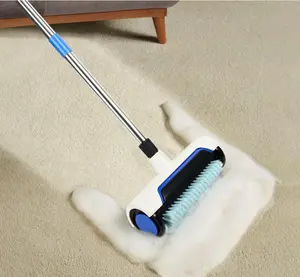 Portable Pet Hair Remover Push Broom with Rubber Teeth - Stainless Steel & Flag-Free Pig Bristles, Ergonomic Handle for Carpets, Hardwood Floors, Tiles, Windows - Efficient Grooming Tool for Bedroom, Bathroom, Kitchen, Living Room