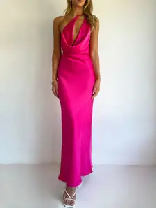 Lady's Sleeveless Halter-Neck Ruched Polyester Satin Maxi Dress - Formal Halter-Style Party Dress, Sexy Party Wear