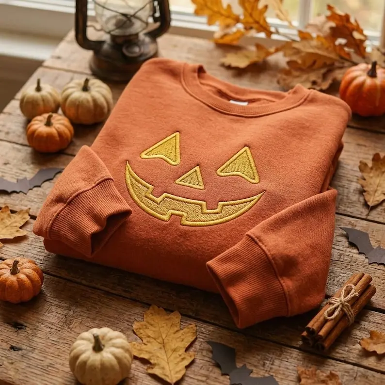Spooky pumpkin embroidered sweatshirt, Halloween crew neck, Jack O Lantern face shirt, black fall outfit, October gift