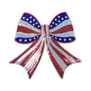 Embroidered Applique Sequin US Flag Bow Iron On Patches Cute Large Fashion Accessories for DIY Clothing Backpacks Jackets