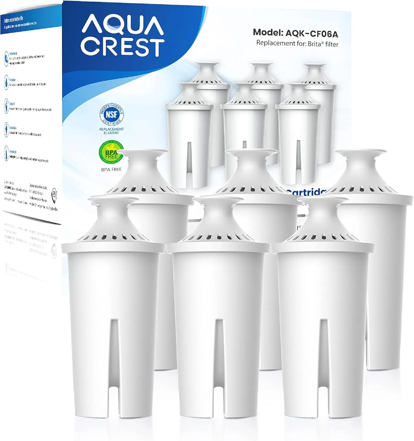 AQUA CREST CF06A NSF-Certified Replacement Pitcher Water Filter, 6-Pack 1-Year Supply for Brita Pitchers/Dispensers, Classic OB03, Mavea 107007