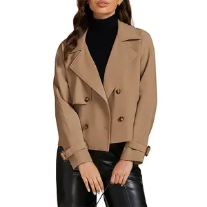 luvamia Polyester Cropped Trench Coat for Women Double Breasted Notched  Casual Loose Jackets with Pockets Women's Long Sleeve Coat Women's Lapel Outerwear
