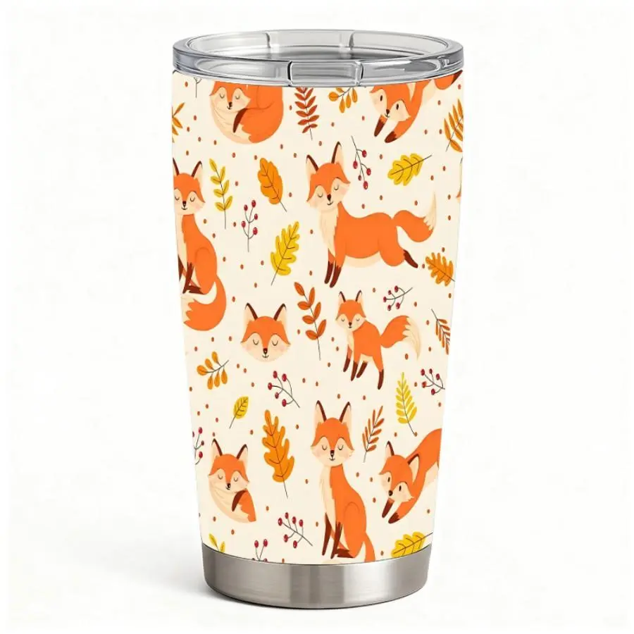 20oz Cute Autumn Fox and Leaves Stainless Steel Tumbler， Tumbler with Lid Double Wall Vacuum Insulated Travel Mug
