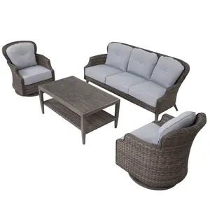 Rectangle Wicker Aluminum Gas Gray Fire Pit Table Kits with Swivel Chairs
