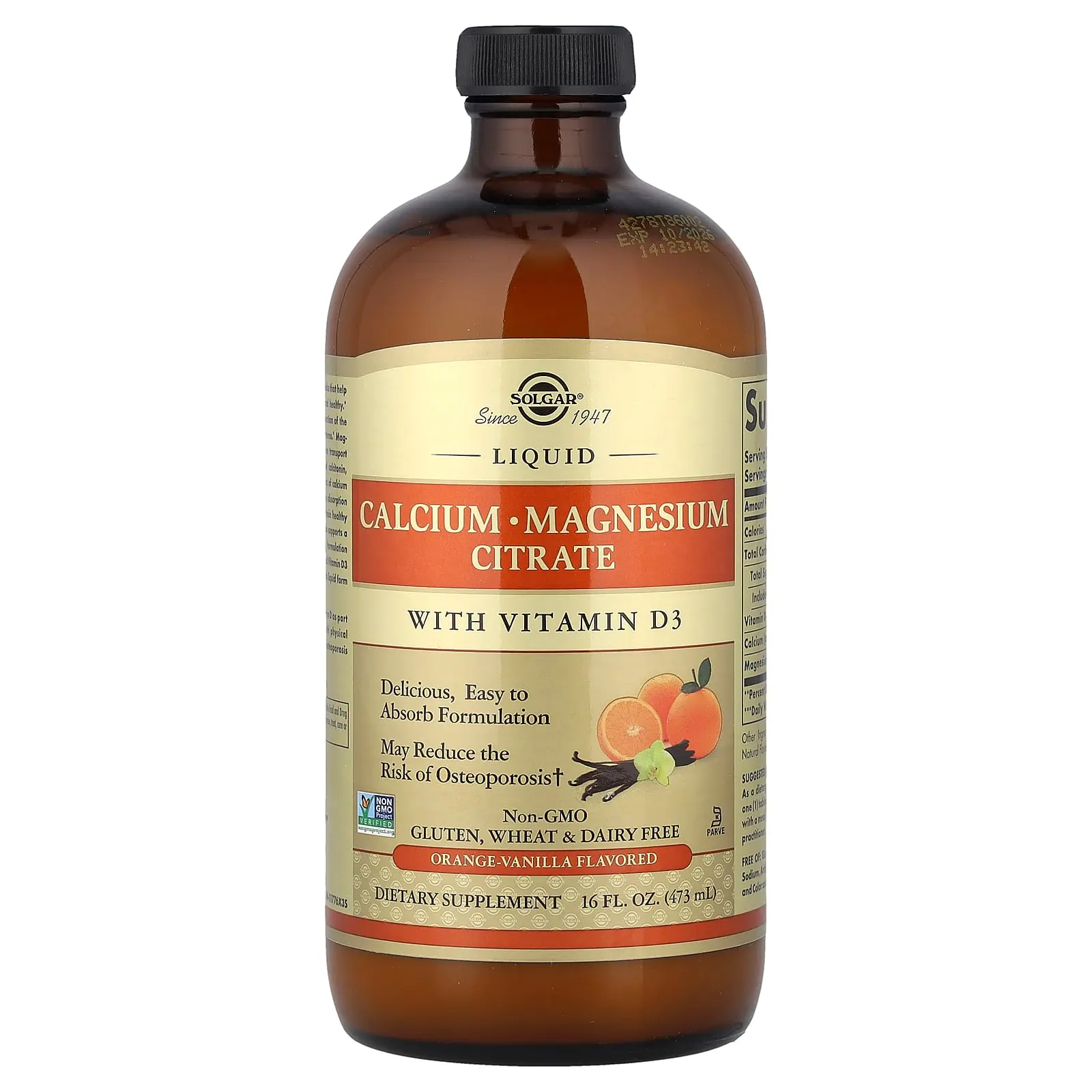 Solgar Liquid Calcium Magnesium Citrate with Vitamin D3, Orange-Vanilla, 16 fl oz (473 ml)