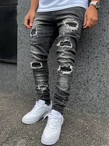 New Men's Black Washed Distressed Ripped Stretch Skinny Jeans Stylish Stacked Streetwear Male Denim Pants with Paint Splatter Menswear