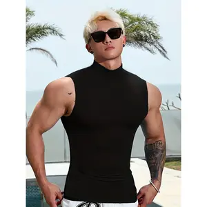 1pc Men'S Athletic Performance Tank Top - High Neck, Solid Color, Polyester Knit, Medium Stretch, Skinny Fit for Training, Running & Sports - Breathable, Quick-Dry Sleeveless Vest