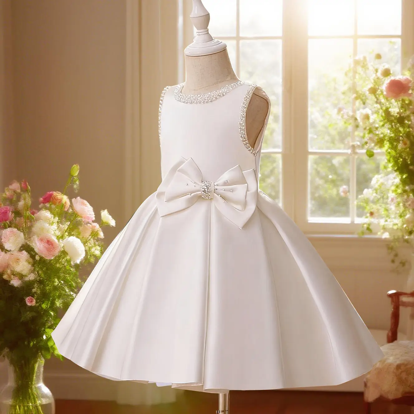 Toddler Girl Dresses Flower Girl Dress Formal Prom Gown Little Girls First  Birthday Gown Luxury Wedding Elegant Princess Sleeveless Satin White Frock kids  clothes - TikTok Shop