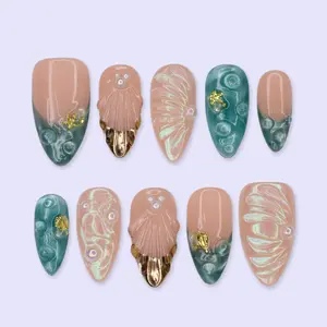 Summer Press On Nails with 3D Shell, Ocean Aura & Gold Chrome | Medium Almond Fake Nails | Handmade Nail Art for Beach, Vacation Or Gifts