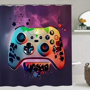 Creative Game Controller Theme Microsoft Xbox Style Shower Curtain Set, Gradient Colors, Ink Splatter Texture, Includes Hooks & Mat