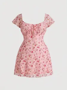 MOD Plus Size Women's Floral Ruffle Knot Front Dress – Summer Boho Beach Sundress