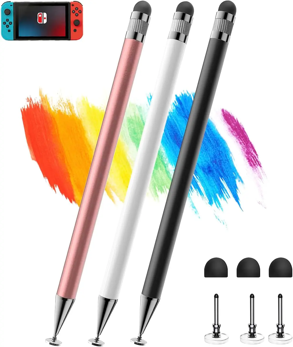 Stylus(3pcs), 2-in-1 Stylus Pen for Touch Screen, High Precision & Sensitivity Pen for iPad Pencil, Compatible with Nintendo Switch 2/iPhone/Android/Samsung, All Touch Screens (Black White Pink)