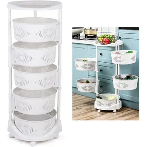 5 Tier Kitchen Storage Rack,180 °   Rotating Storage Shelves Organizer with Wheels,Floor Standing Storage Rack Basket Shelf,Multi-Layer Kitchen Storage Cart for Living Room,Kitchen,Bathroom (White)