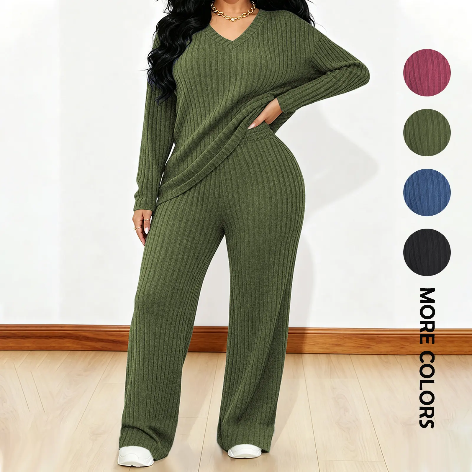 Women's 2-Piece Loungewear Set - Vertical Ribbed Knit V-Neck Loose Long-Sleeve Drop Shoulder Pullover, High-Waisted Drawstring Oversized Wide-Leg Pants, Soft Stretch Modest Plus Size Matching Sets, Casual Home Outfit, Pick Up Ready