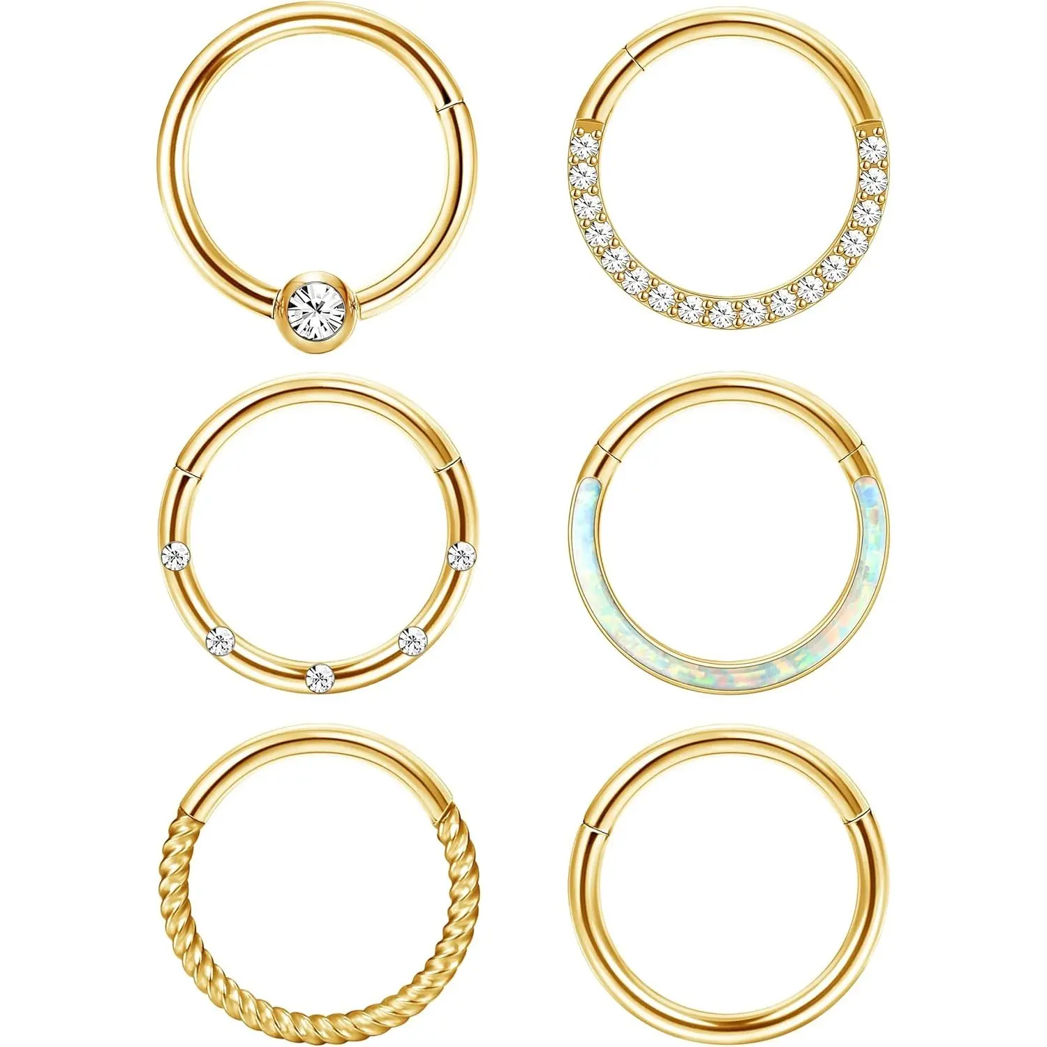 CASSIECA Unisex 6Pcs Geometric Hinged Nose Hoops Body Jewelry Set - 16G-18G Surgical Steel Body-Safe Piercing Jewelry for Nose Piercing, Lip Rings, Helix
