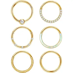 CASSIECA 6Pcs 16G 18G Nose Ring Septum Ring for Women Men Surgical Steel Nose Piercing Helix Daith Conch Tragus Cartilage Earrings Piercing Lip Rings Hinged Clicker Hoop Nose Rings