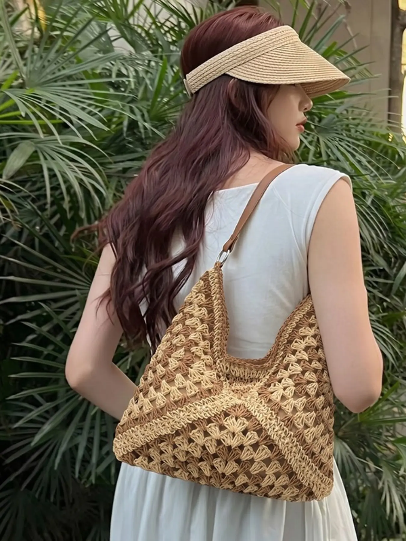 Vintage Patchwork Knit Tote Bag for Women, Large Capacity Woven Underarm Bag, Casual Vacation Shoulder Bag, Commute Shopping Bag