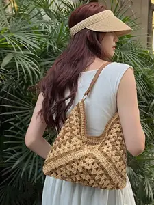 Vintage Patchwork Knit Tote Bag for Women, Large Capacity Woven Underarm Bag, Casual Vacation Shoulder Bag, Commute Shopping Bag