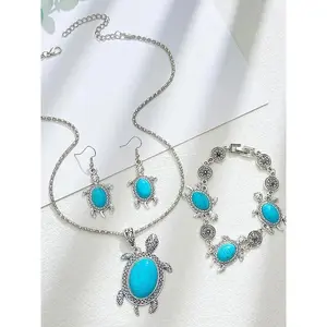 Boho Turquoise Turtle Jewelry Set for Women, Vintage Inspired Necklace Bracelet Earrings Set, Unisex Statement Costume Jewelry Accessories, Beach, Festival & Vacation Outfit Accessories summerwins