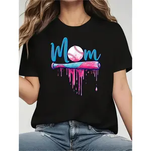 Cotton Short Sleeve T-Shirt Baseball Mom Graphic T-Shirt - 100% Casual Crew Neck with Baseball Bat & Pink Drip Design for Sports Moms Graphic tees, washed shirt, hoodie and sweatshirt