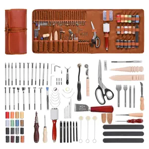 Leather Working Tools Kit 92-Piece Engraving Punching Stamping Sewing Tools Set For Leather Craft DIY, Comprehensive Leatherworking Hand Tools Kit With Cutting Skiving Edge Beading Stitching Finishing Accessories