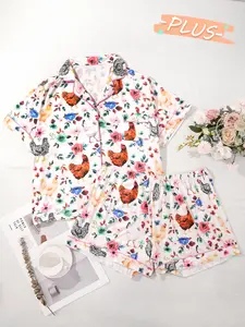 Women's Plus Size Pajama Set Pjs, Soft Short Sleeve Button-Up Top, Elastic Waist Loose Shorts, Casual Summer Home Wear, 2 Piece Pack, Loungewear, Animal, Nightwear